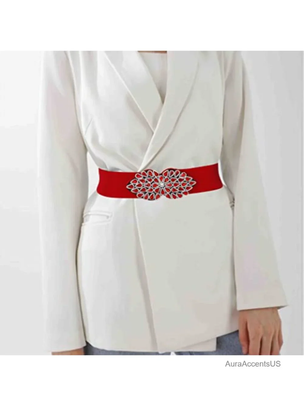 Rhinestone Stretch Wide Waist Belt with Crystal Buckle Dressy